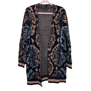 Soft Mohair Black Snake Print Pattern Cozy Long Sweater Open Cardigan Size Large